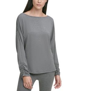 DKNY Women's T-Shirt Heather Charcoal Gray Size XS Knit Ruched Sleeve